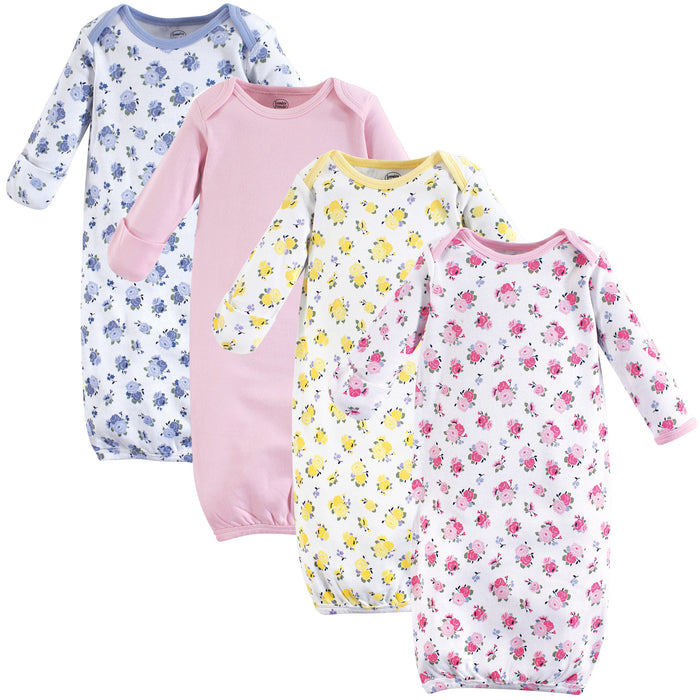 Luvable Friends Baby Girl Cotton Long-Sleeve Gowns 4 Pack, Floral 0-6 Months
