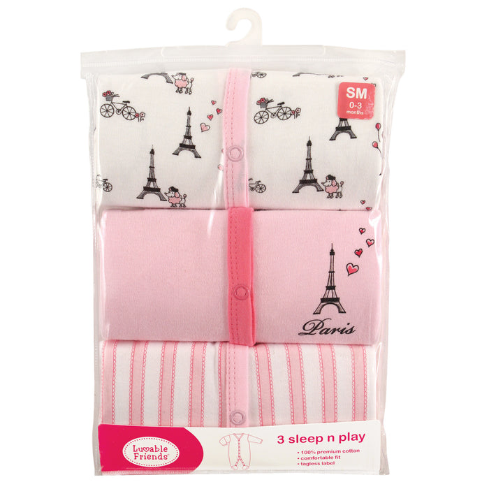 Luvable Friends Baby Girl Cotton Snap Sleep and Play 3 Pack, Paris