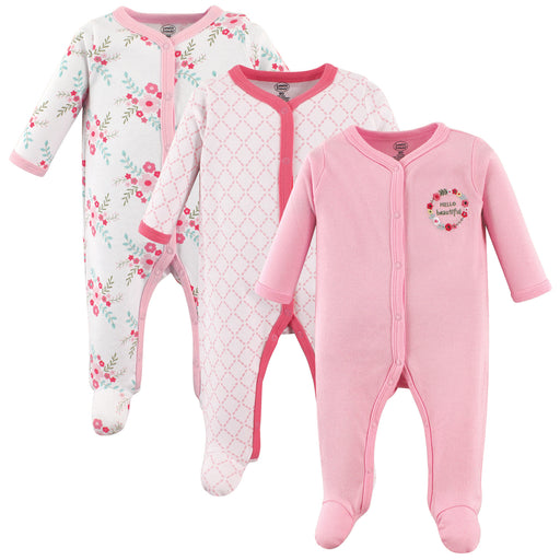 Luvable Friends Baby Girl Cotton Snap Sleep and Play 3 Pack, Pink Floral