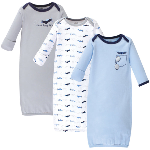 Luvable Friends Baby Boy Cotton Long-Sleeve Gowns 3-Pack, Airplane, 0-6 Months