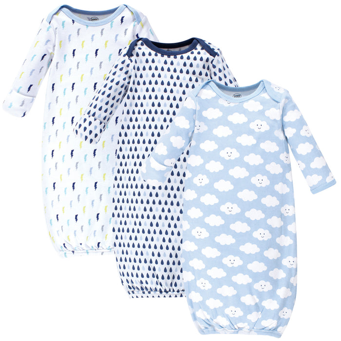 Luvable Friends Baby Boy Cotton Long-Sleeve Gowns 3-Pack, Boy Clouds, 0-6 Months