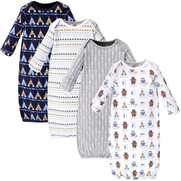 Luvable Friends Baby Boy Cotton Long-Sleeve Gowns 4-Pack, Blue Bear, 0-6 Months