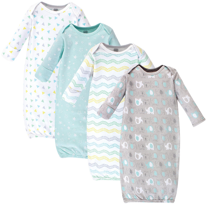 Luvable Friends Baby Cotton Long-Sleeve Gowns 4 Pack, Basic Elephant 0-6 Months