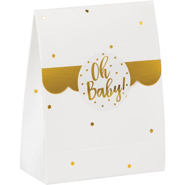 Party Decorations White And Gold Oh Baby Favor Bags With Stickers, 8 ct