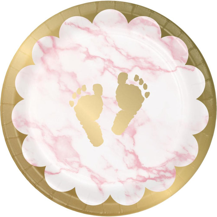 Party Decorations Pink Marble Dessert Plate, Foil, Footprints (8/Pkg)