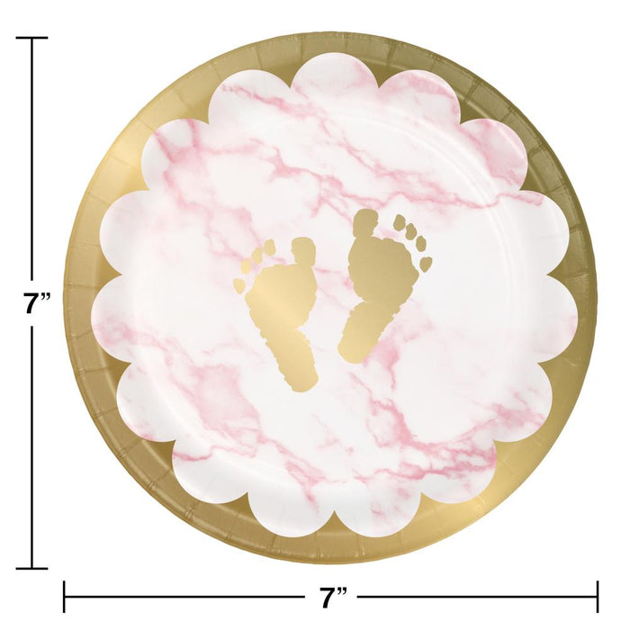 Party Decorations Pink Marble Dessert Plate, Foil, Footprints (8/Pkg)