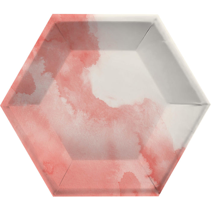 Party Decorations Watercolor Wash Pink Banquet Plate, 10" Hexagon, Pink, 8 Count