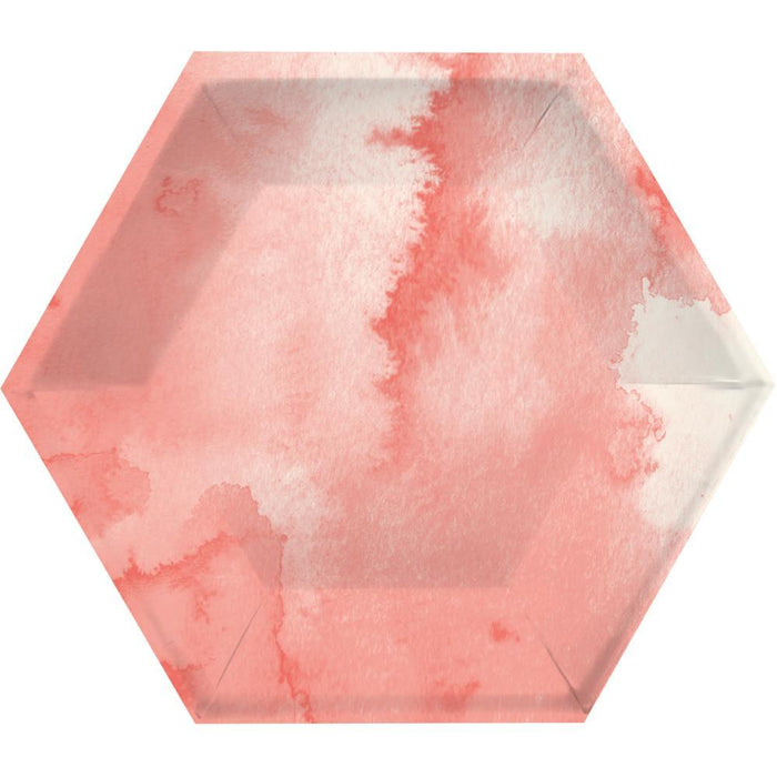 Party Decorations Watercolor Wash Pink Dessert Plate, 8" Hexagon, Pink, 8 Count