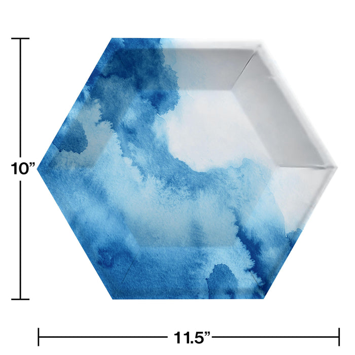 Party Decorations Watercolor Wash Blue Banquet Plate, 10" Hexagon, Blue, 8 Count