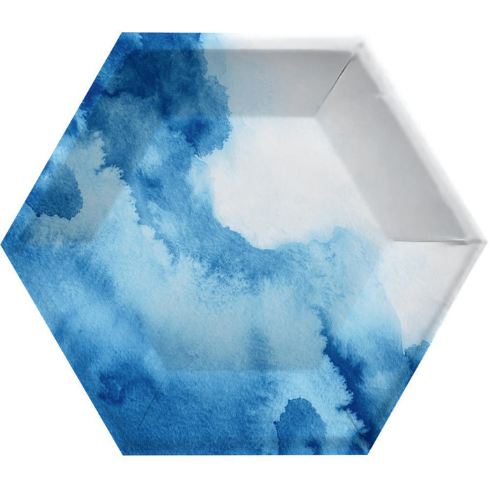 Party Decorations Watercolor Wash Blue Banquet Plate, 10" Hexagon, Blue, 8 Count