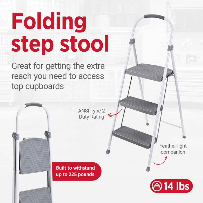 Rubbermaid 3 Step 225 Lb Capacity Folding Ladder Steel Step Stool with Hand Grip