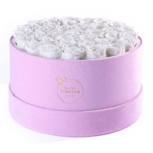 Rose Forever 36 White Roses - Pink Round Suede Box