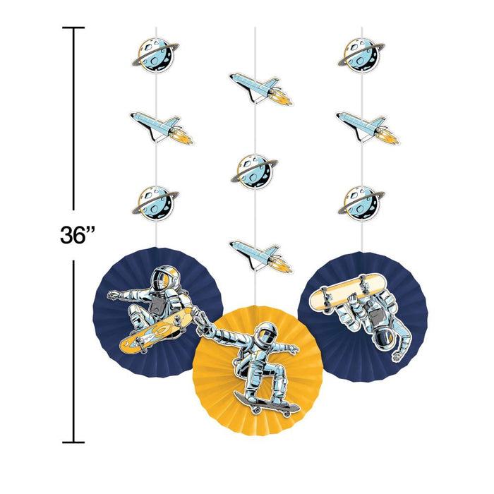 Party Decorations Space Skater Hanging Decoration w/ Cutouts and Paper Fans 3ct