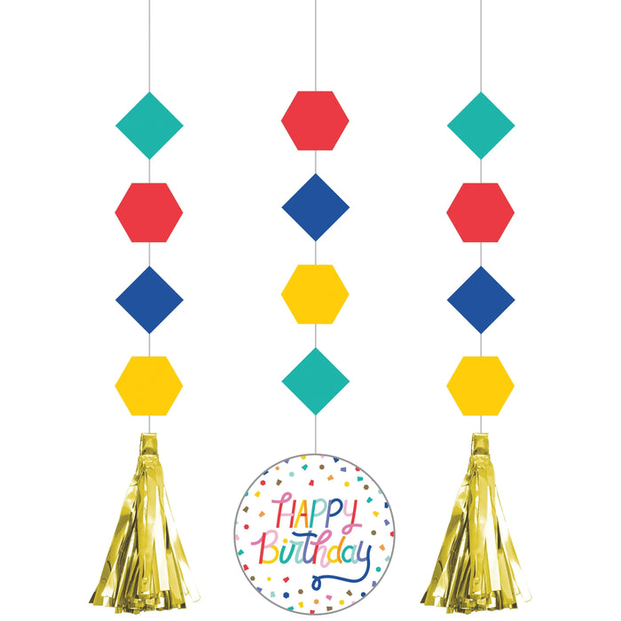 Party Decorations Birthday Confetti Hanging Cutouts w/ Tassels (3/Pkg)