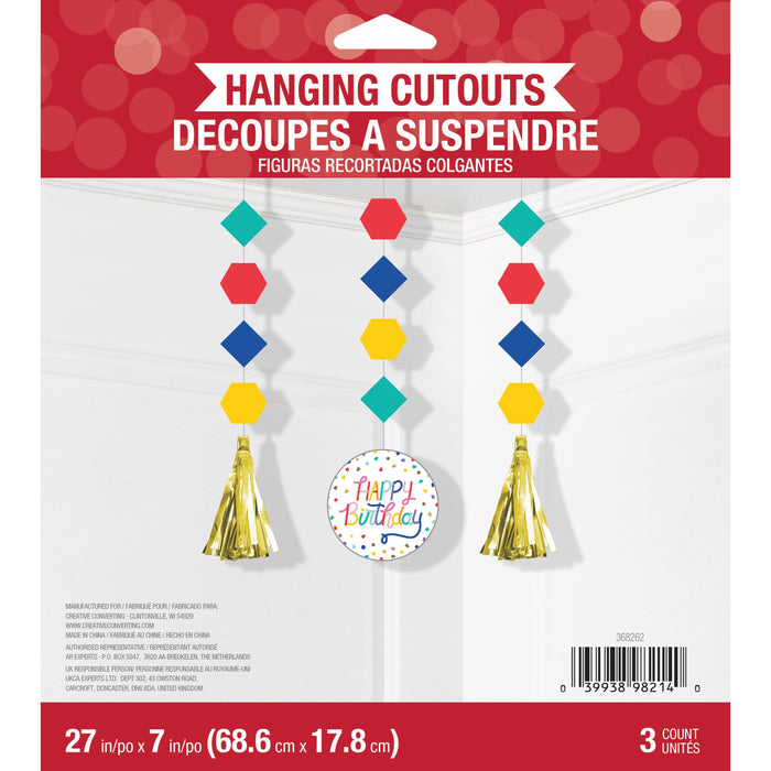 Party Decorations Birthday Confetti Hanging Cutouts w/ Tassels (3/Pkg)