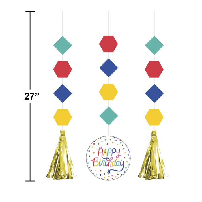 Party Decorations Birthday Confetti Hanging Cutouts w/ Tassels (3/Pkg)