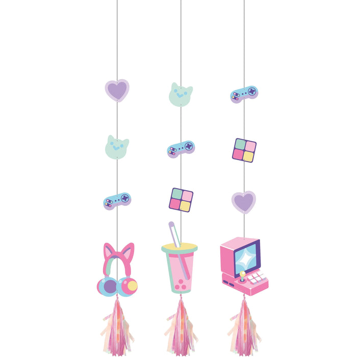 Party Decorations Gamer Girl Hanging Cutouts with Tassels (3/Pkg)