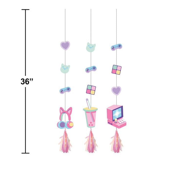 Party Decorations Gamer Girl Hanging Cutouts with Tassels (3/Pkg)