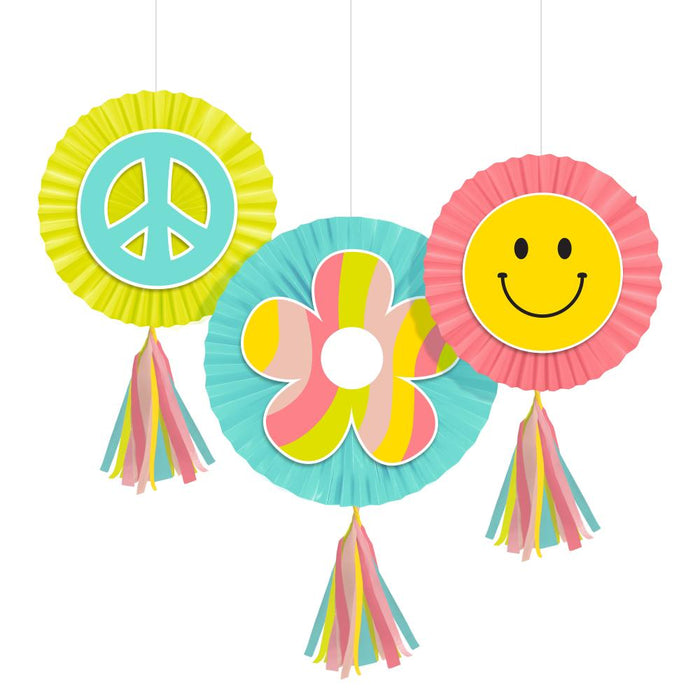 Party Decorations Flower Power Paper Fans w/ Tassels (3/Pkg)