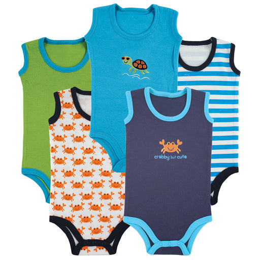Luvable Friends Baby Boy Cotton Sleeveless Bodysuits 5 Pack, Crab