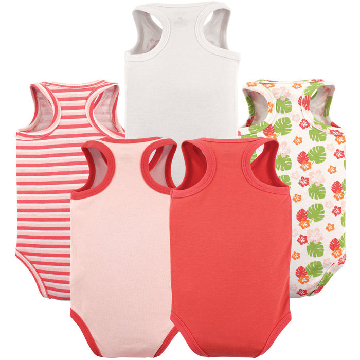 Luvable Friends Baby Girl Cotton Sleeveless Bodysuits 5 Pack, Aloha