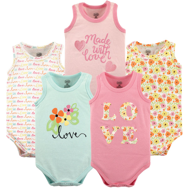 Luvable Friends Baby Girl Cotton Sleeveless Bodysuits 5 Pack, Love