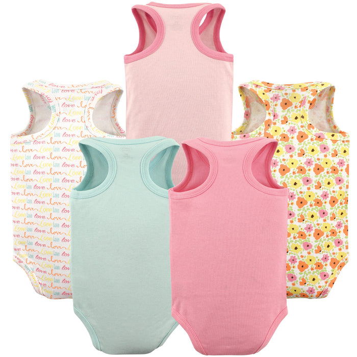Luvable Friends Baby Girl Cotton Sleeveless Bodysuits 5 Pack, Love