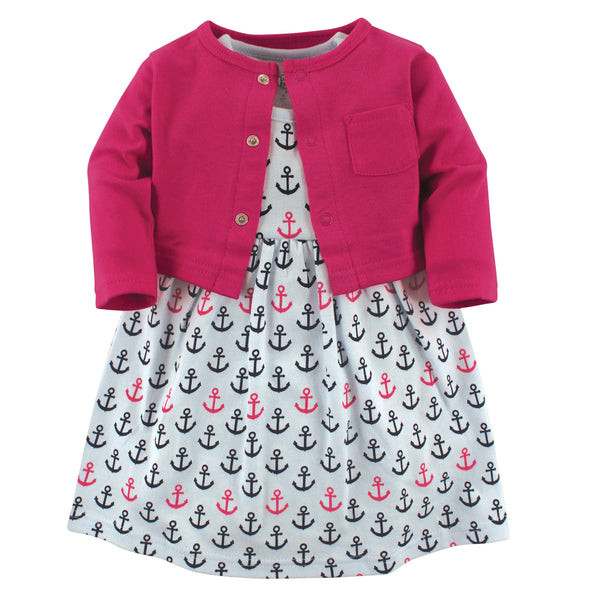 Luvable Friends Baby and Toddler Girl Dress and Cardigan 2-Piece Set, Anchors