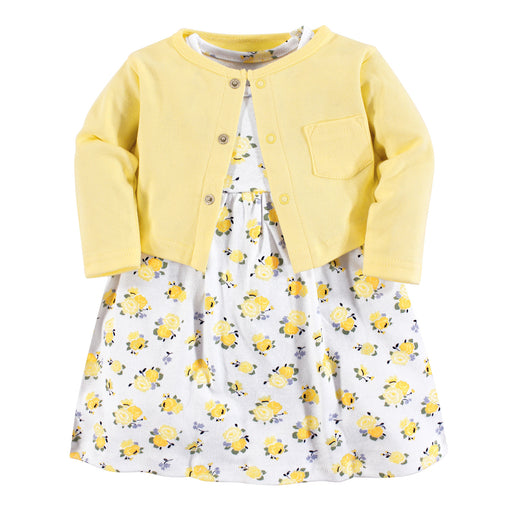 Luvable Friends Baby and Toddler Girl Dress and Cardigan 2-Piece Set, Yellow Floral