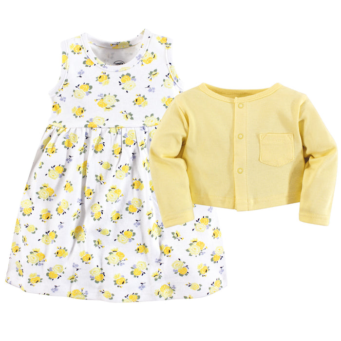 Luvable Friends Baby and Toddler Girl Dress and Cardigan 2-Piece Set, Yellow Floral