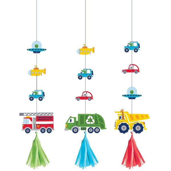 Party Decorations Transportation Time Hanging Cutouts w/ Tassels (3 per Pkg)