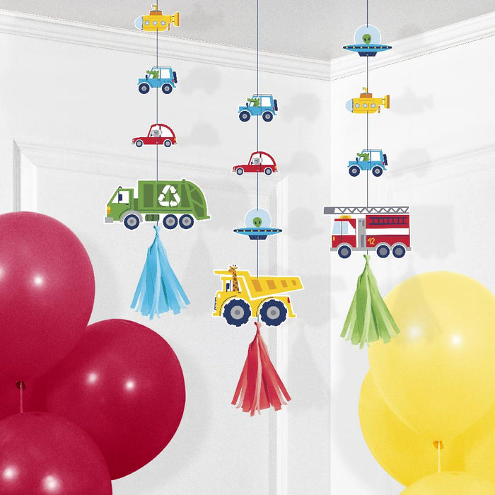 Party Decorations Transportation Time Hanging Cutouts w/ Tassels (3 per Pkg)