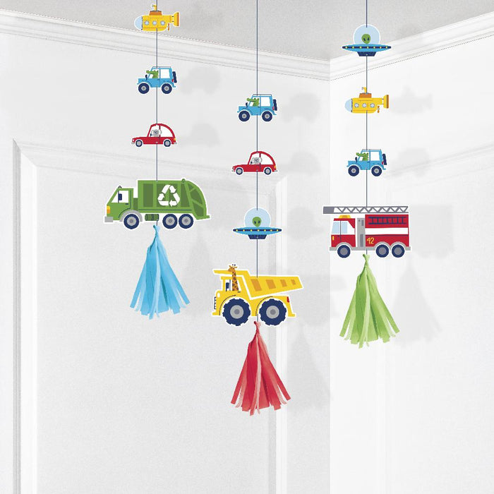 Party Decorations Transportation Time Hanging Cutouts w/ Tassels (3 per Pkg)