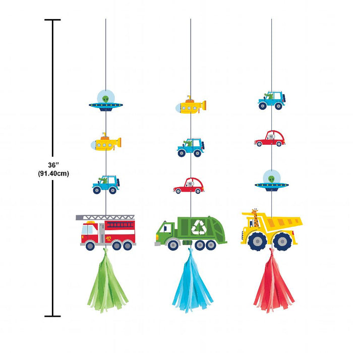 Party Decorations Transportation Time Hanging Cutouts w/ Tassels (3 per Pkg)