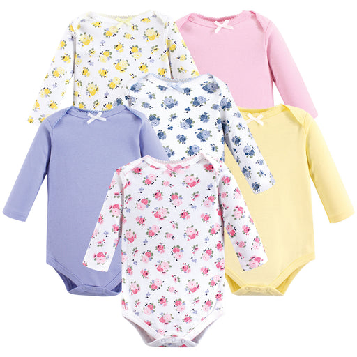 Luvable Friends Baby Girl Cotton Long-Sleeve Bodysuits 6 Pack, Floral