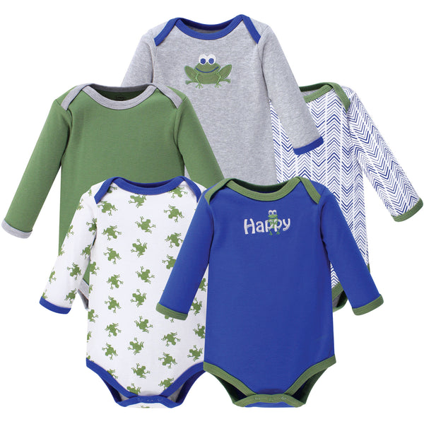 Luvable Friends Baby Boy Cotton Long-Sleeve Bodysuits 5-Pack, Frog