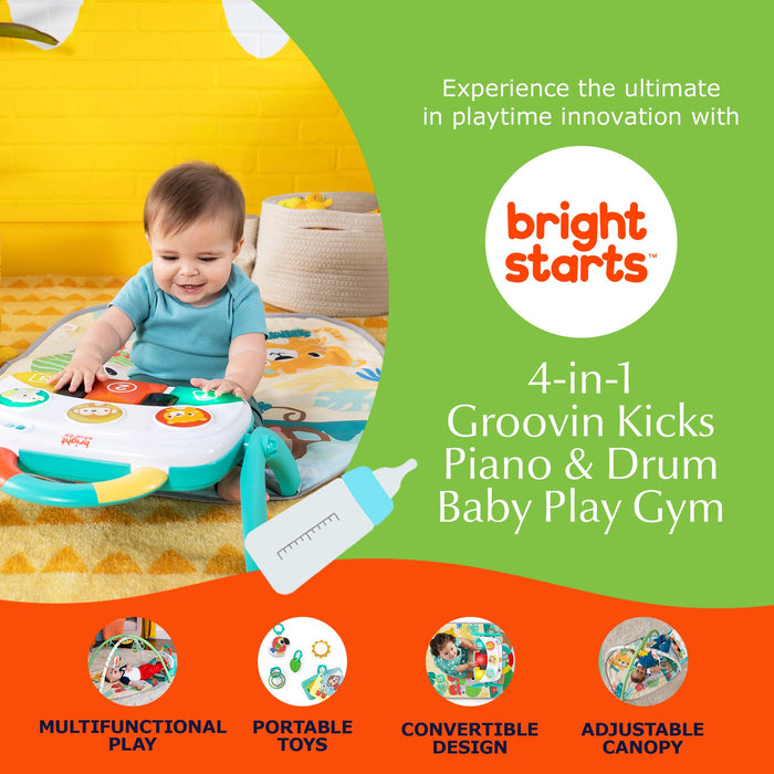 Bright Starts 4 in 1 Groovin Kicks Piano and Drum Baby Play Gym, Tropical Safari