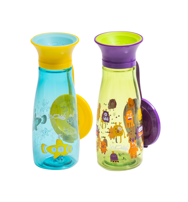 WOW CUP Mini 360 Bottle Twinpack -  Aqua Blue Submarine/Key Lime Silly Monsters, 2 x 12 oz/2 x 350 ml