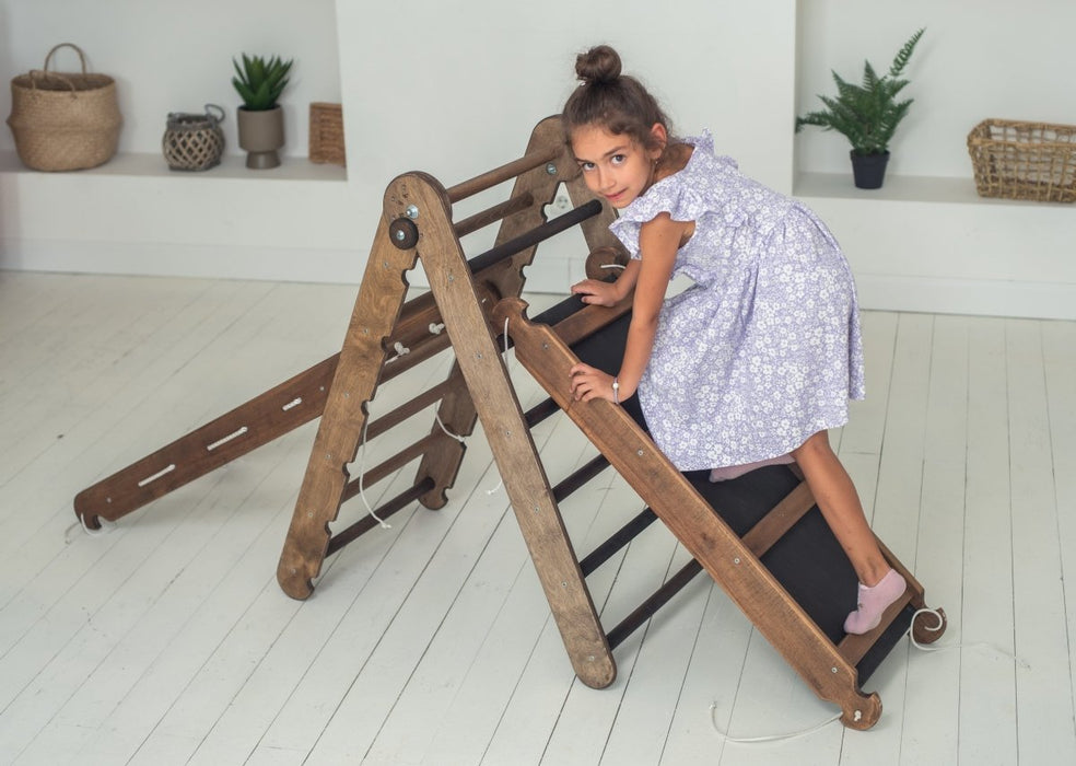 Goodevas 3in1 Montessori Climbing Frame Set: Triangle Ladder + Slide Board/Ramp + Net – Chocolate