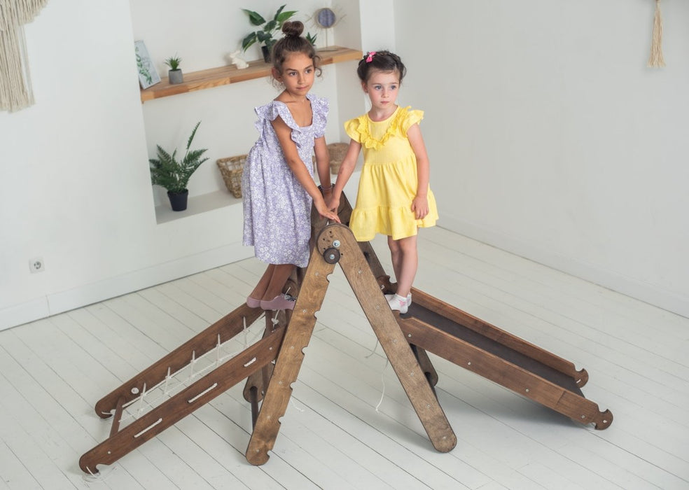 Goodevas 3in1 Montessori Climbing Frame Set: Triangle Ladder + Slide Board/Ramp + Net – Chocolate