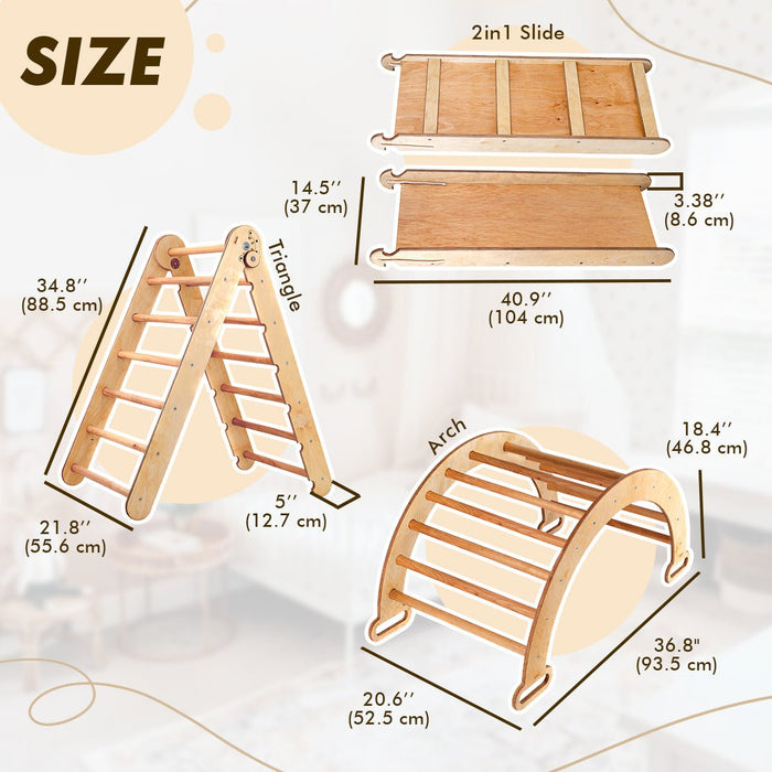 Goodevas 3in1 Montessori Climbing Set: Triangle Ladder + Wooden Arch + Slide Board – Beige