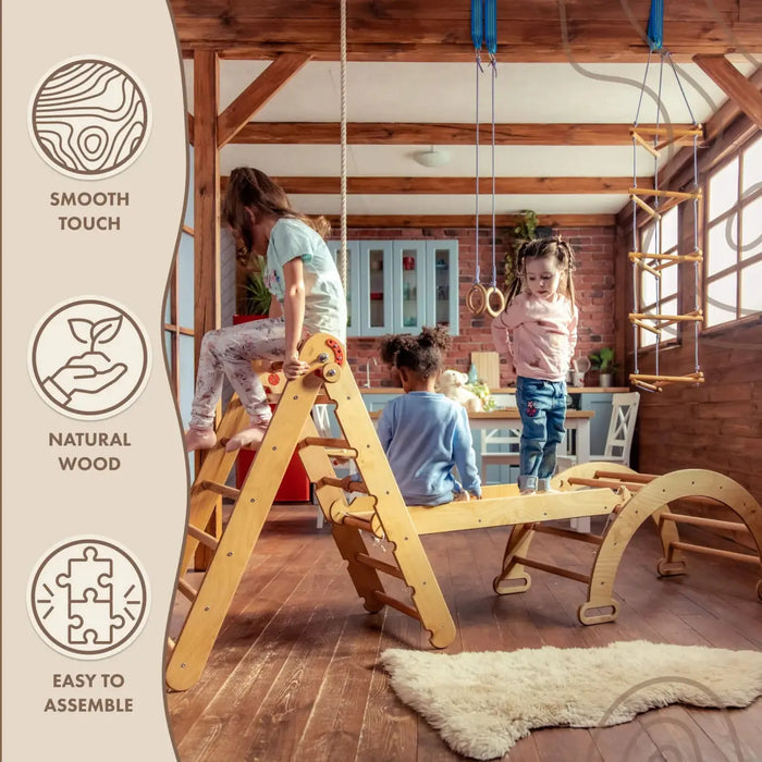 Goodevas 3in1 Montessori Climbing Set: Triangle Ladder + Wooden Arch + Slide Board – Beige