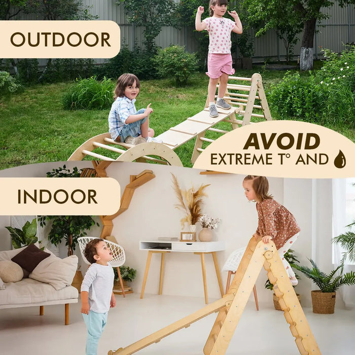 Goodevas 3in1 Montessori Climbing Set: Triangle Ladder + Wooden Arch + Slide Board – Beige NEW