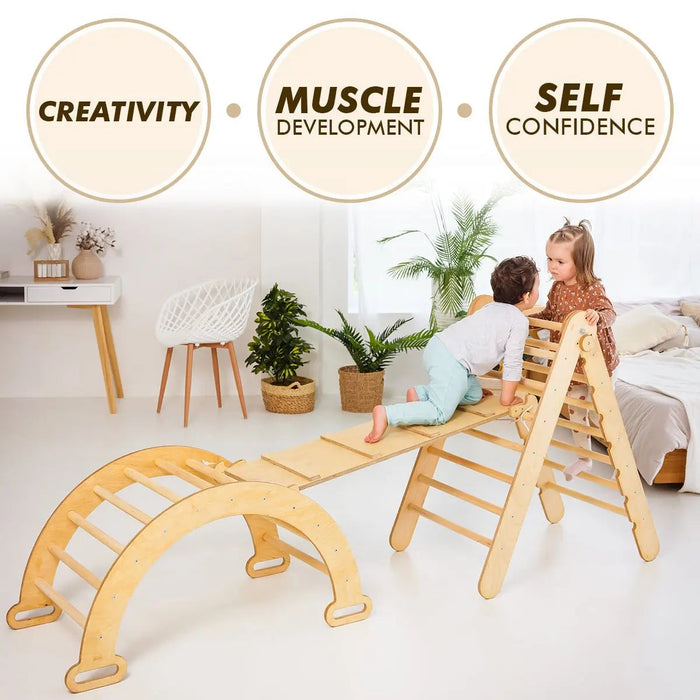 Goodevas 3in1 Montessori Climbing Set: Triangle Ladder + Wooden Arch + Slide Board – Beige NEW