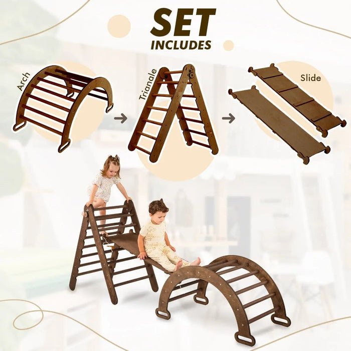 Goodevas 3in1 Montessori Climbing Set: Triangle Ladder + Wooden Arch + Slide Board – Chocolate NEW
