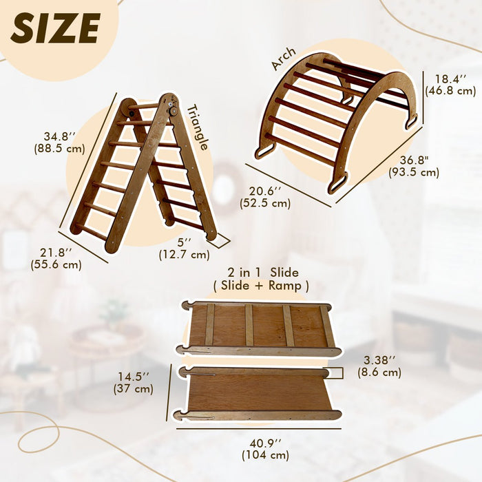 Goodevas 3in1 Montessori Climbing Set: Triangle Ladder + Wooden Arch + Slide Board – Chocolate NEW