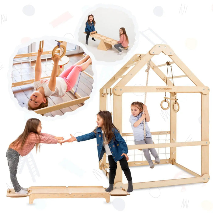 Goodevas 3in1 Wooden Playhouse with Swings and Seesaw
