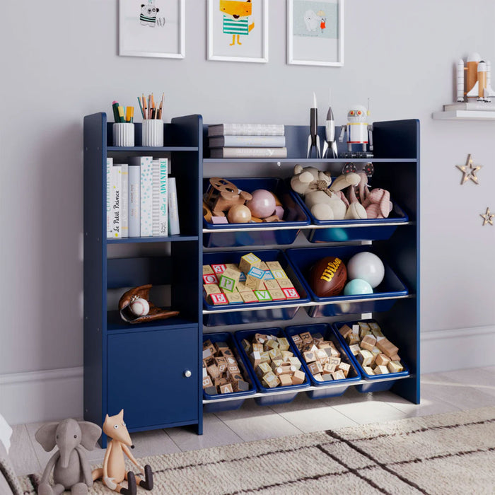 Sturdis Kids Toy Storage Organizer with Bookshelf and 8 Toy Bins, Dark Blue