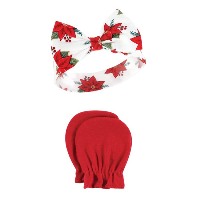 Hudson Baby Cotton Headband and Scratch Mitten Set, Poinsettia