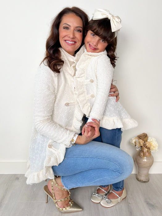 Mia Belle Girls Mommy and Me Classy Duo Ivory Blazer Ruffle Cardigan